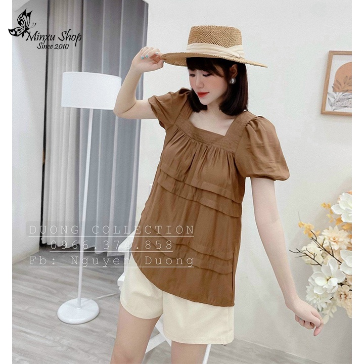 Set bộ nữ áo kiểu babydoll cổ vuông tay bồng phối quần short, thời trang nữ dự tiệc, dạo phố Minxu Shop SE07