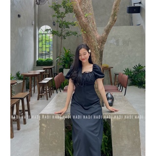 Đầm vải lụa rút ngực dáng middi - Thương