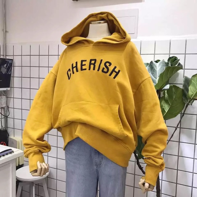 Áo hoodie nữ vải nỉ lót bông dày dặn thêu Cherish