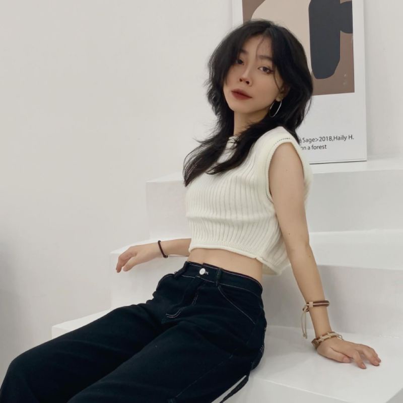 Áo tanktop len đan màu trơn cổ tròn phong cách cá tính thời trang Becky