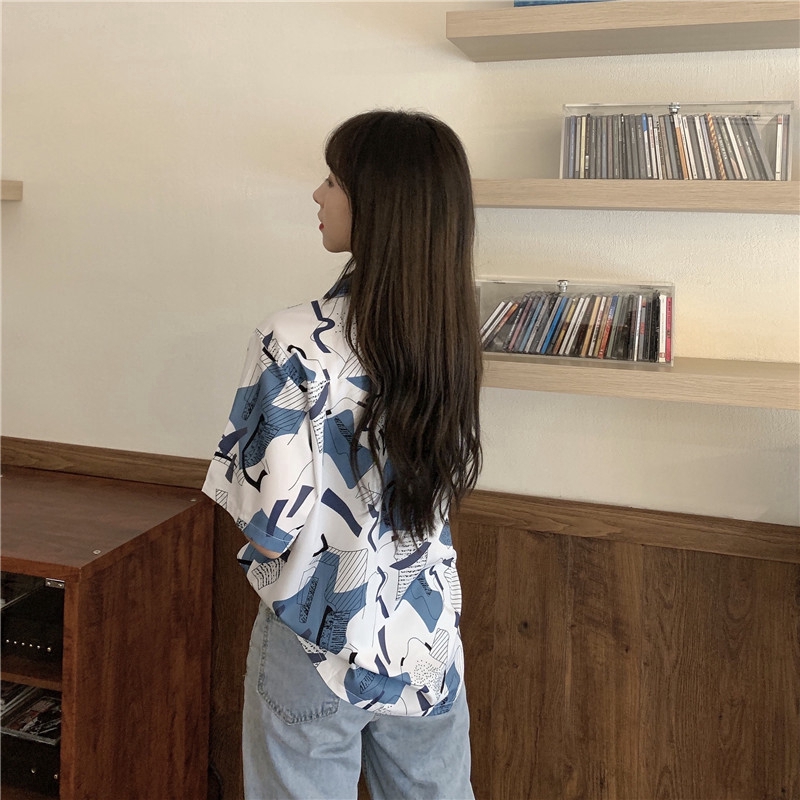 SUXI Áo Sơ Mi Tay Ngắn Cổ Chữ V Hoạ Tiết In Phong Cách Vintage Cá Tính