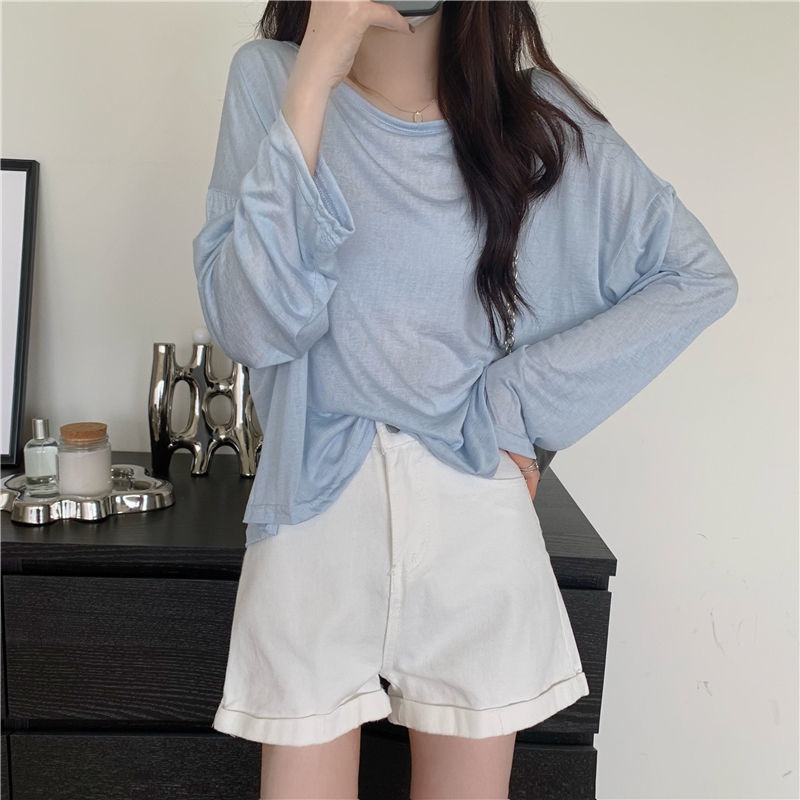 Áo Thun Dài Tay Cổ Tròn Vải Mỏng Màu Trơn Thời Trang Mùa Hè
