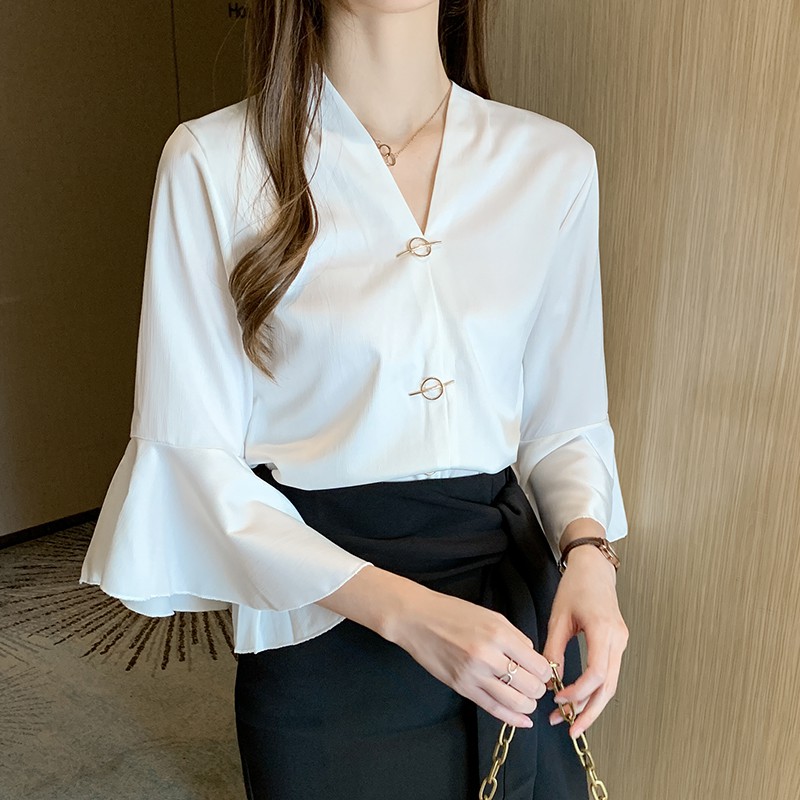 Áo sơ mi tay dài thời trang cổ V nữ Hàn Quốc