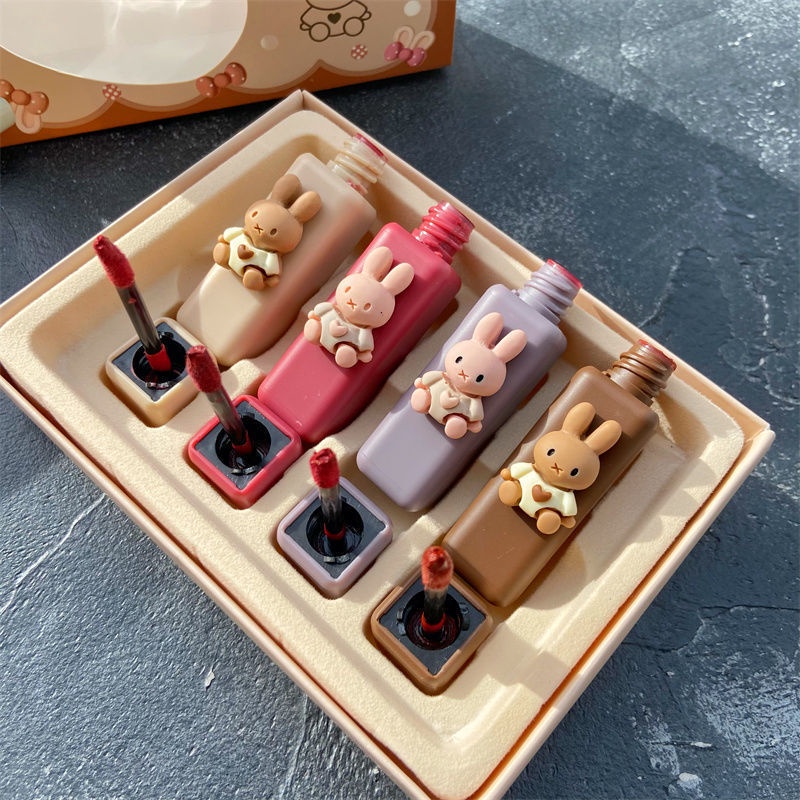 Set 4 Son Môi HengFang Chống Dính Cốc Không Phai Thiết Kế Vỏ Son Hình Thỏ Dễ Thương