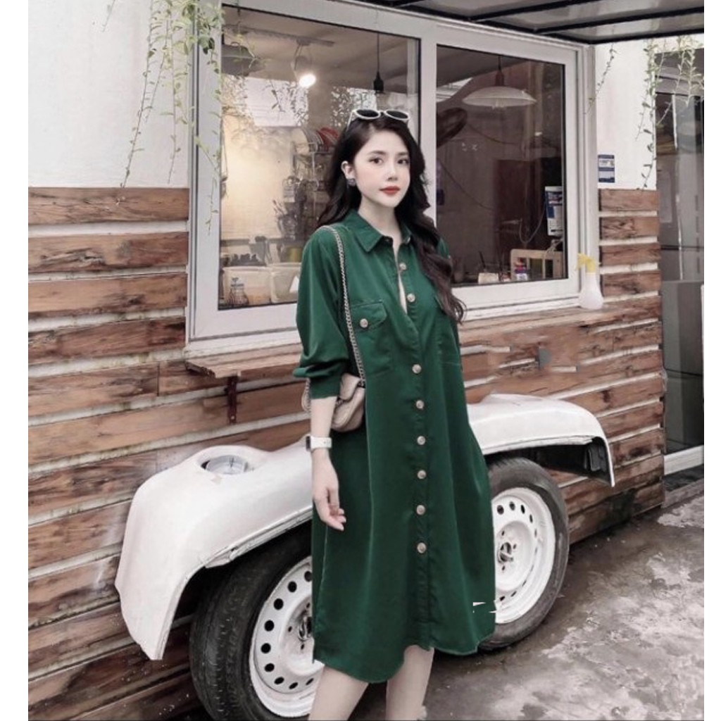 Đầm bầu thời trang thiết kế sơ mi hàng cúc thật MB156 chất lụa hàn châu freesize từ 45 đến 70kg