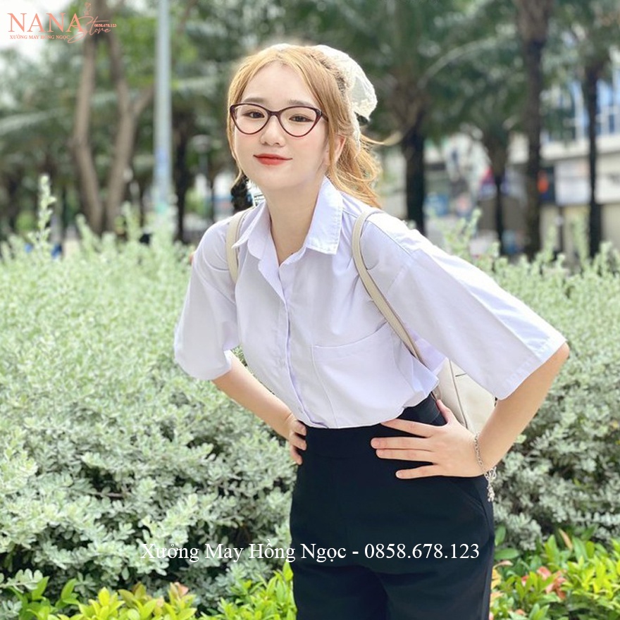 Áo sơ mi nữ trắng xanh đi học tay ngắn form rộng có túi ngực cổ bẻ V kiểu áo sơ mi trắng nữ cộc tay học sinh đi học đẹp
