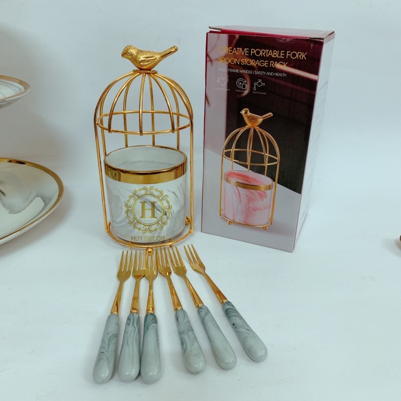 Giỏ đựng muỗng nĩa thìa dĩa hình lồng chim bằng sứ vân đá cẩm thạch mầu xám trang trí Huydecor