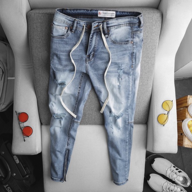 Quần jean nam rách gối zipper hàng cao - Quần VNXK ống ôm trẻ trung - JEAN Q