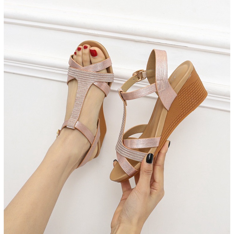 Giày sandal quai chéo chất da ánh kim, đế xuồng 5cm