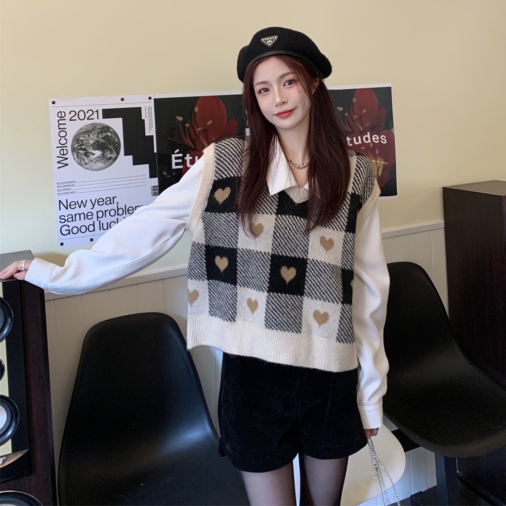 Áo sweater SUXI dệt kim sát nách dáng rộng cổ chữ V kẻ sọc thời trang mùa thu cho nữ