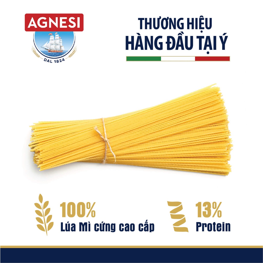 3 gói mì Ý spaghetti Agnesi 500g, dùng lúa mì durum cao cấp giữ sốt, không gãy và dính