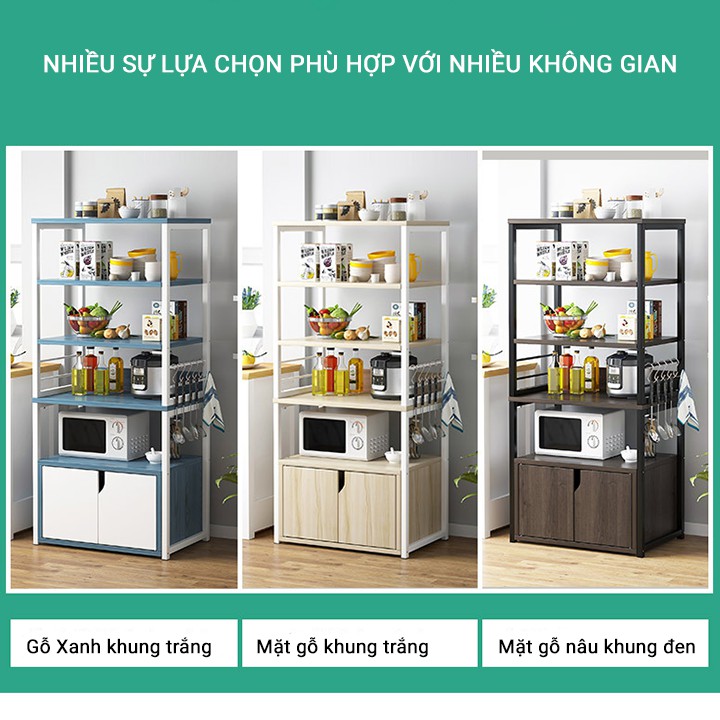 Kệ lò vi sóng 5 tầng để gia vị, chén bát nhà bếp - Tủ gỗ khung sắt để đồ thông minh - Kệ bếp đa năng decor đẹp