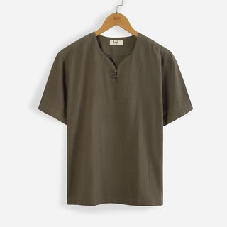 Áo linen cộc tay cổ V 2 nút cài Rough