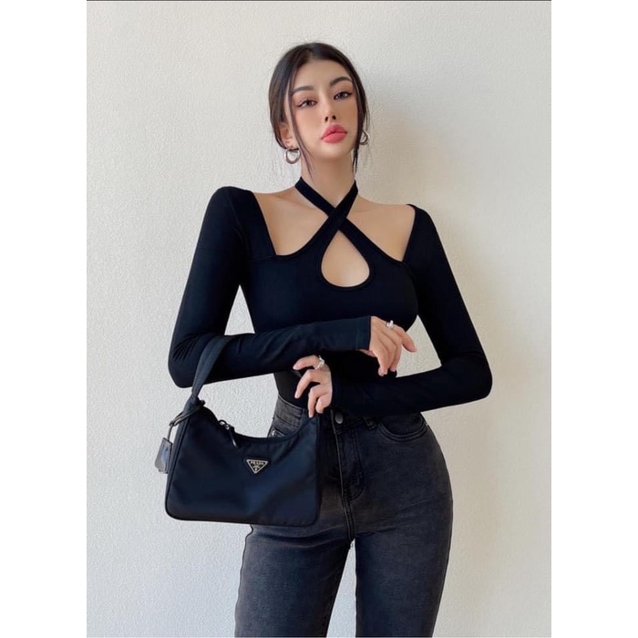 ÁO KIỂU DÀI TAY DÂY CỔ ĐẮP CHÉO THUN MÀU ĐEN