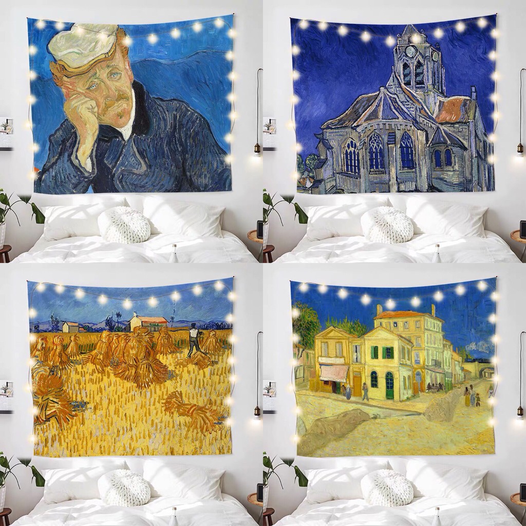 Thảm treo tường trang trí hình tranh Van Gogh và đèn trang trí
