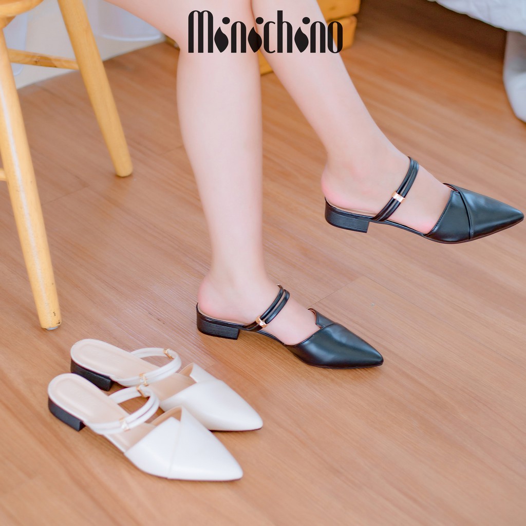 Giày sục nữ cao 3cm MINICHINO mũi nhọn hở gót phối dây thời trang màu kem TC051 | BigBuy360 - bigbuy360.vn