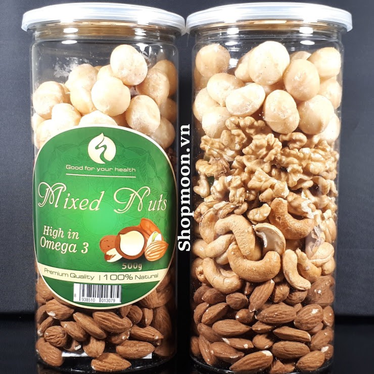 Mixed nuts 4 loại hạt dinh dưỡng Macca, Óc Chó Vàng, Hạnh Nhân, Hạt Điều đã tách vỏ ( 350k / hộp 500g)
