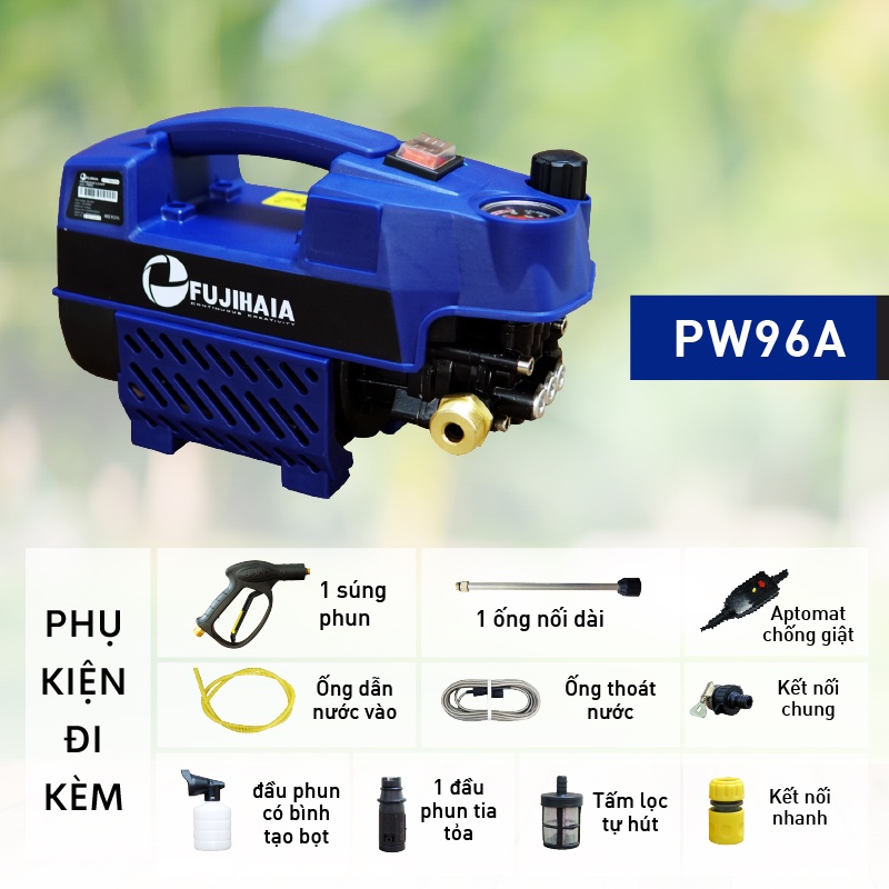 Máy rửa xe mô tơ cảm ứng từ Fujihaia PW96A áp lực cao, có bộ chỉnh áp lực nước đầu ra, Bảo hành chính hãng 18 tháng