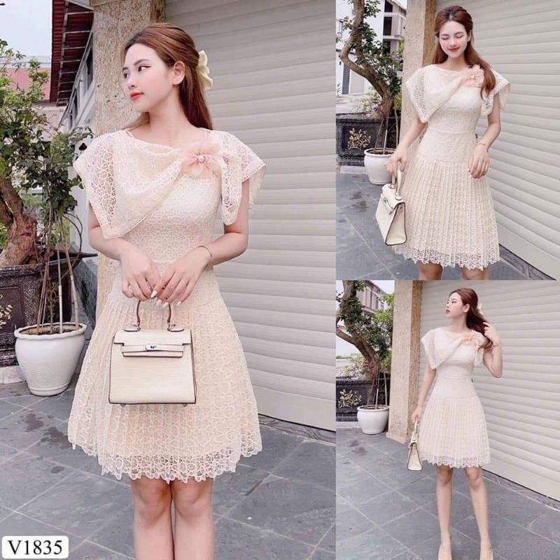 [VÁY ĐI TIỆC CAO CẤP] Váy ren tiểu thư sang chảnh đầm thiết kế màu kem | BigBuy360 - bigbuy360.vn