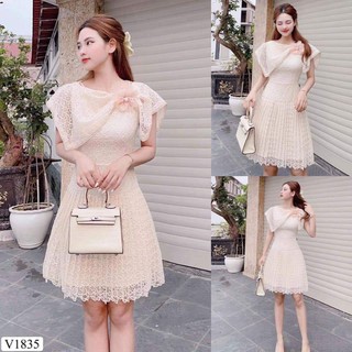 [VÁY ĐI TIỆC CAO CẤP] Váy ren tiểu thư sang chảnh đầm thiết kế màu kem