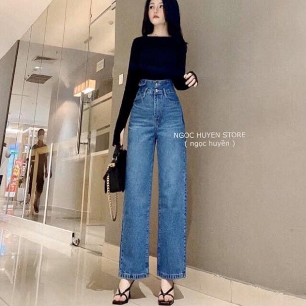 Quần Jeans Ống Suông Cạp Cao, Quần Ống Rộng 2 Khuy Túi Nắp, Quần Bò Dày Dặn Form Chuẩn Tôn Dáng