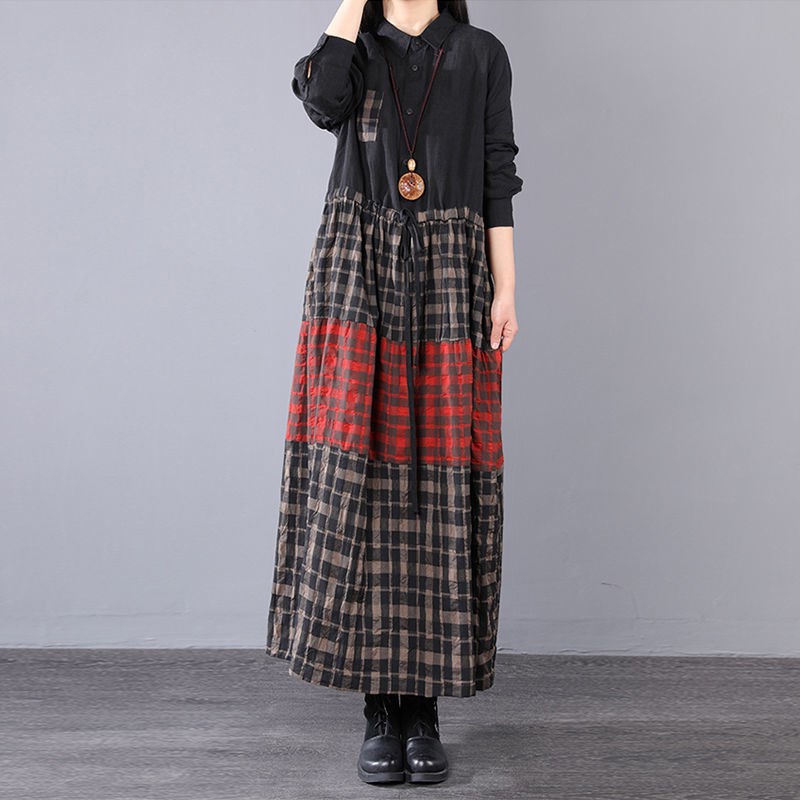 Đầm Sơ Mi Cotton Lanh Tay Dài Dáng Rộng Kẻ Sọc Caro Kiểu Retro Xinh Xắn Cho Nữ