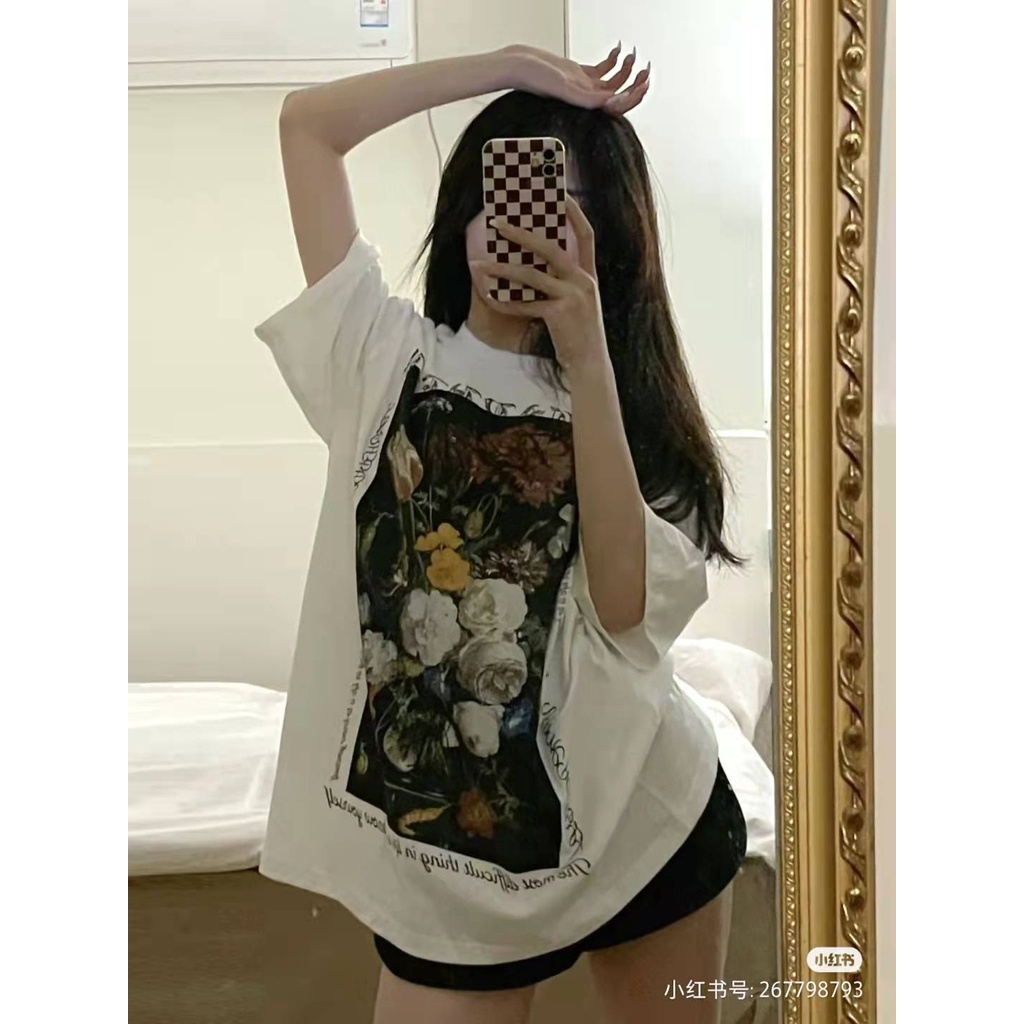 Áo Thun Tay Ngắn Dáng Rộng In Họa Tiết Phong Cách Retro Thời Trang Xinh Xắn Cho Nữ