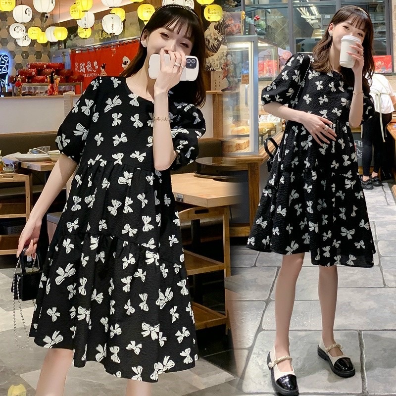 váy bầu babydoll , đầm bầu họa tiết nơ xinh xắn