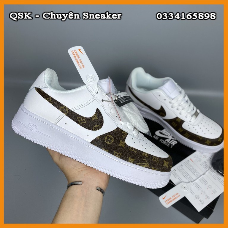 Giày Sneaker Nam Nữ Af1 Thêu Chữ Lv Nâu Trắng Fullbox, Giày Thể Thao Nam Nữ Mới 2021