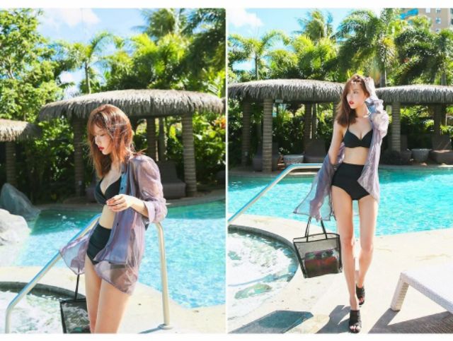 Bikini áo xoắn quần nhún đen cạp cao