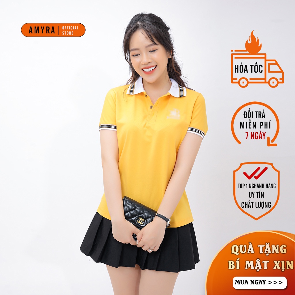 Áo thun có cổ nữ polo AMYRA, phông trơn cotton cao cấp mềm mịn phối viền tay ngắn thêu chữ kiểu thể thao công sở AT17