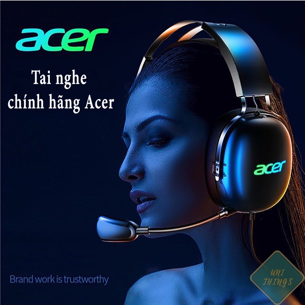 Tai nghe gaming chính hãng Acer có micro, tai nghe chụp tai có led phong cách phi công màu xanh rêu, trắng