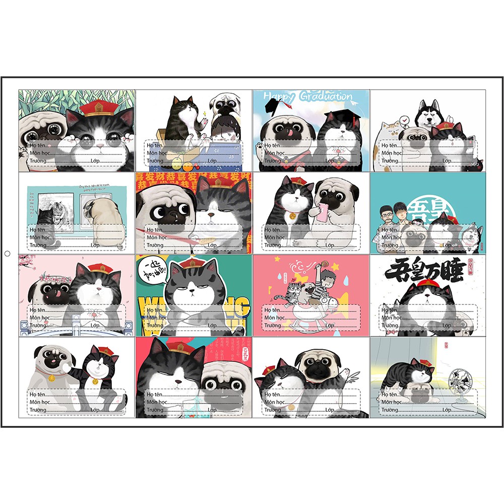 nhãn vở mèo hoàng thượng chó nô tài NV56 nhãn vở hoạt hình set 16 chiếc có keo dán sẵn