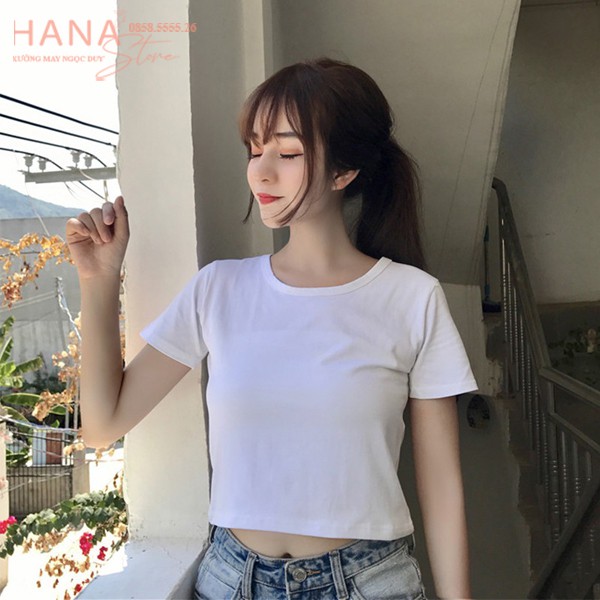 Áo croptop đen cổ tròn nữ tay ngắn form rộng ôm vai cá tính - Áo croptop tay ngắn vải cotton mềm mặc đi học biển tập gym