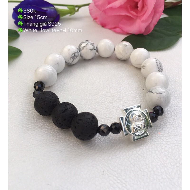 Chuỗi Mân Côi vòng hạt đá đeo tay trắng đen mặt Thánh Giá Chúa S925 stylish Rosary Bracelet