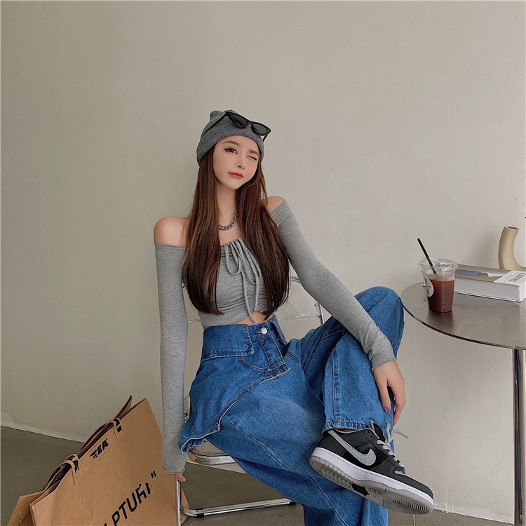 QKOOLE Quần jean dài  dáng rộng lưng cao phong cách Hàn Quốc cho nữ