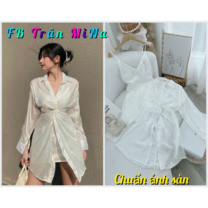 SET ĐẦM 2S TRẮNG KÈM KHOÁC SƠ MI XOẮN NGỰC 🤍🤍-CHUẨN ẢNH SÀN