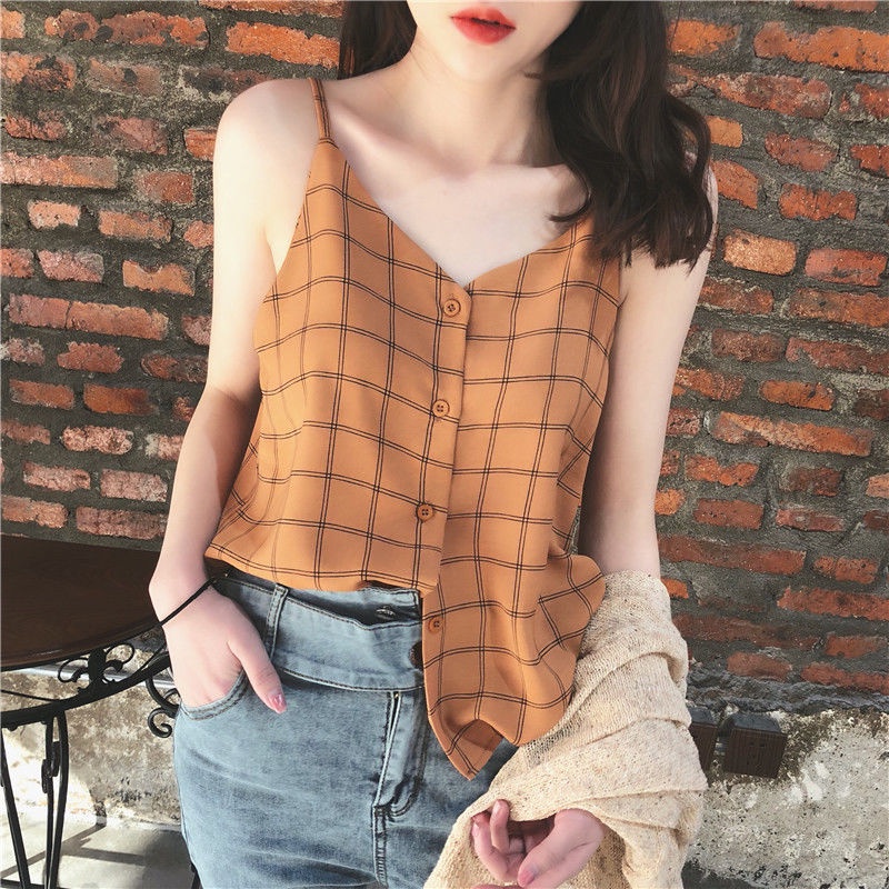 Áo hai dây họa tiết sọc caro phong cách Hong Kong cổ điển thời trang cho nữ