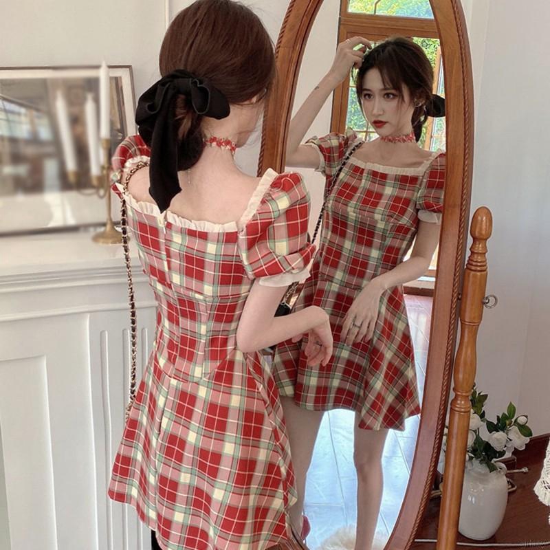 Đầm Nữ Tay Phồng Cổ Vuông Nhấn Eo Phong Cách Retro Pháp Thanh Lịch