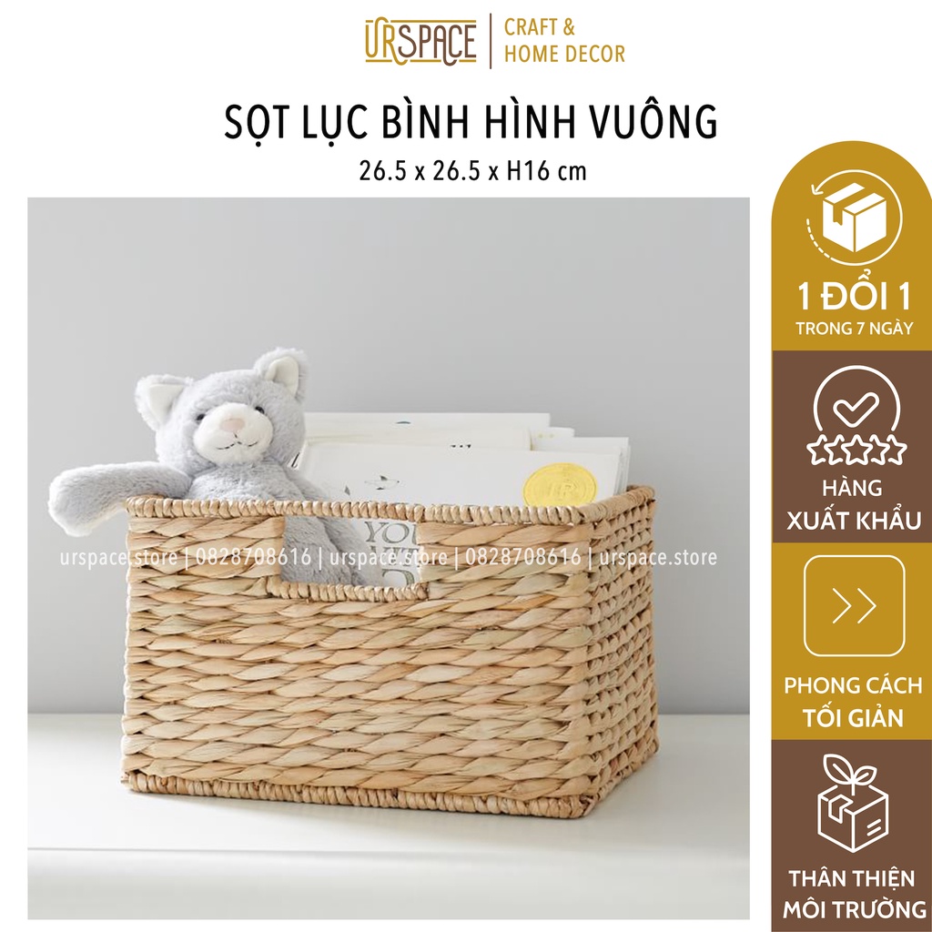 Khay lục bình (bèo) đa năng đựng sách báo hình vuông Ur Space/ Square wicker storage basket with hole handle