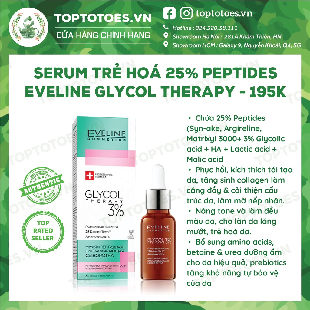 Serum Eveline Glycol Therapy 25% Peptides phục hồi, trẻ hoá, cho da căng láng