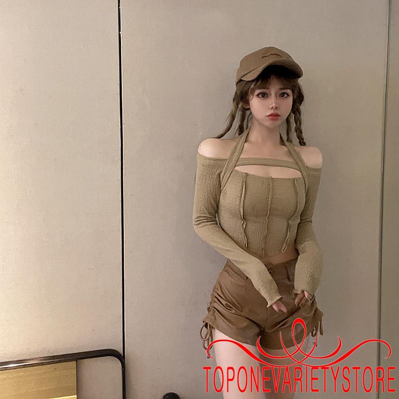 Áo thun tay dài màu trơn cổ thuyền hở rốn thời trang cho nữ