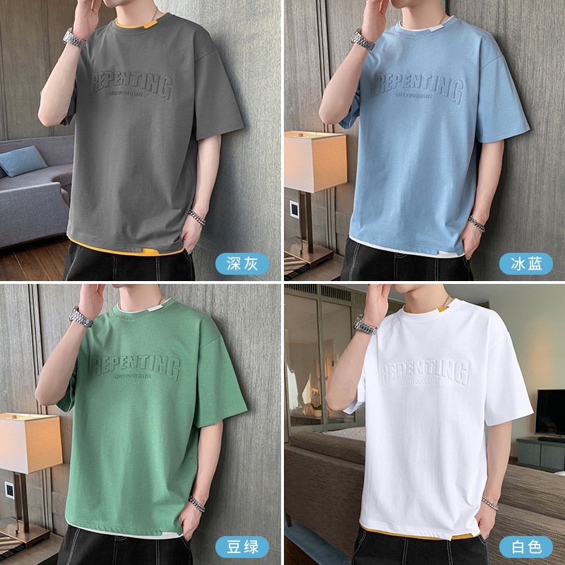 Áo Thun Ngắn Tay Giả Hai Lớp Form Rộng Thời Trang Mùa Hè Cho Nam Sinh Trung Học