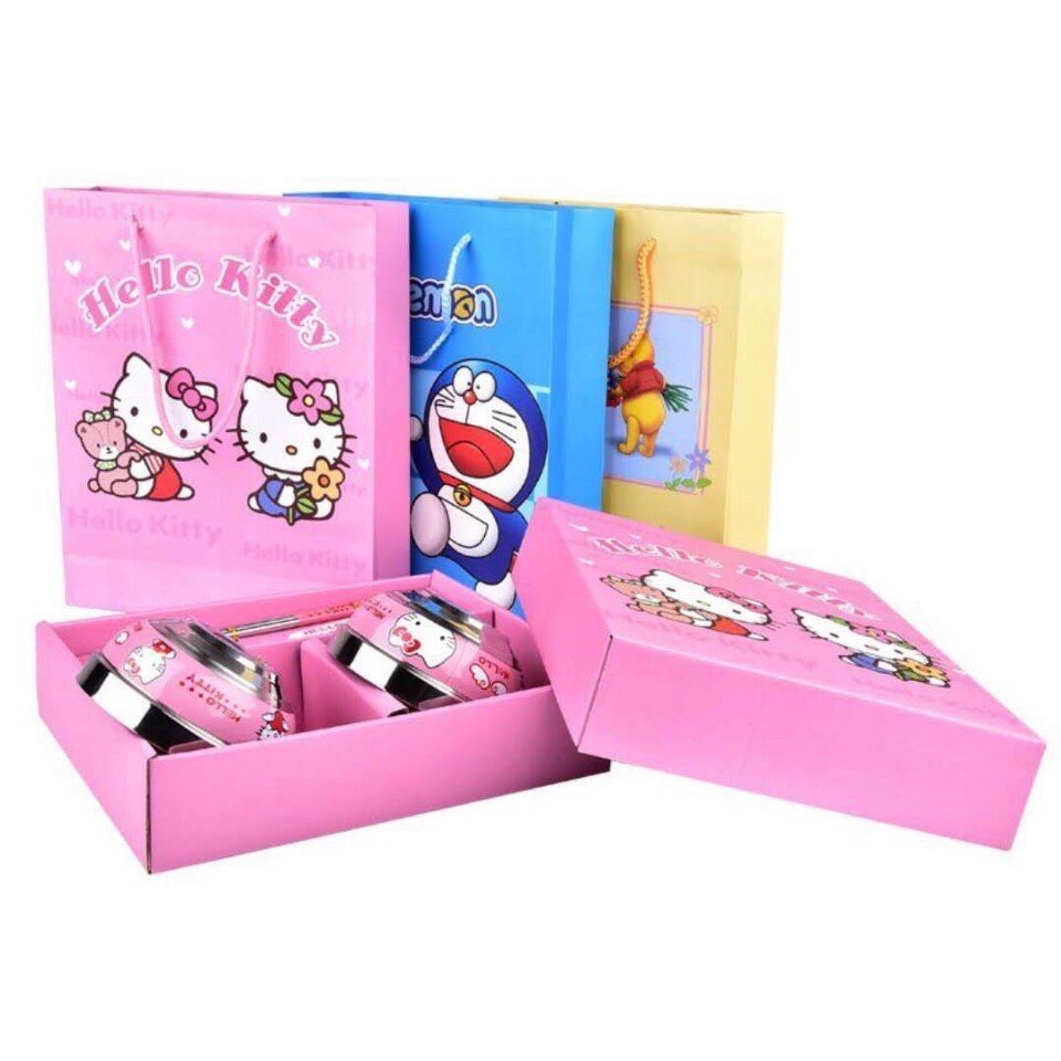 Bộ bát ăn dặm inox chống nóng, cách điện Kitty, Doraemon, Pooh kèm đũa thìa cực dễ thương cho bé