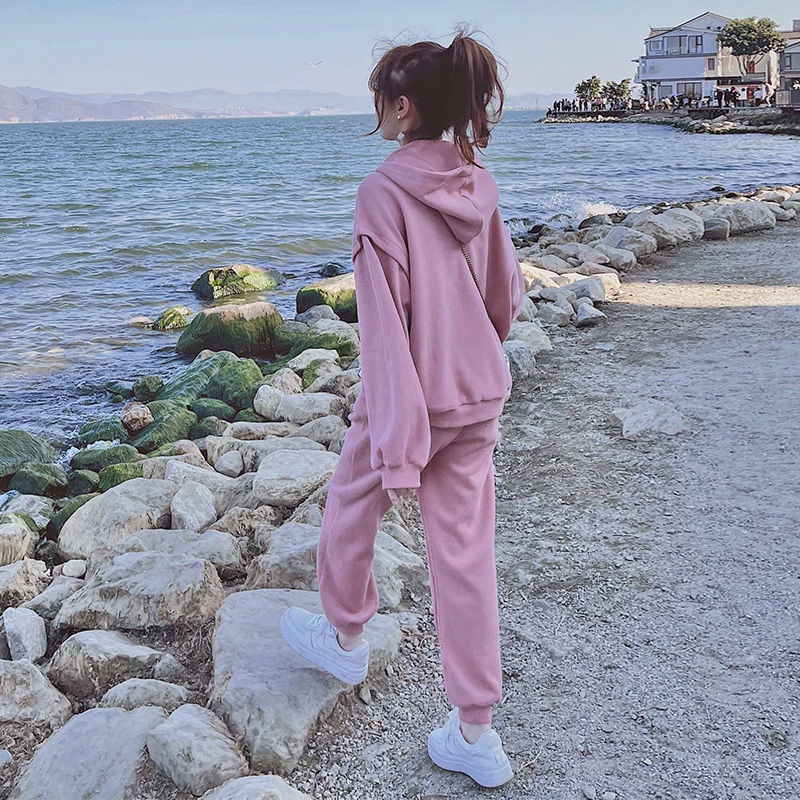 Set áo sweater + quần dài màu trơn thiết kế thời trang phong cách thể thao có bán lẻ