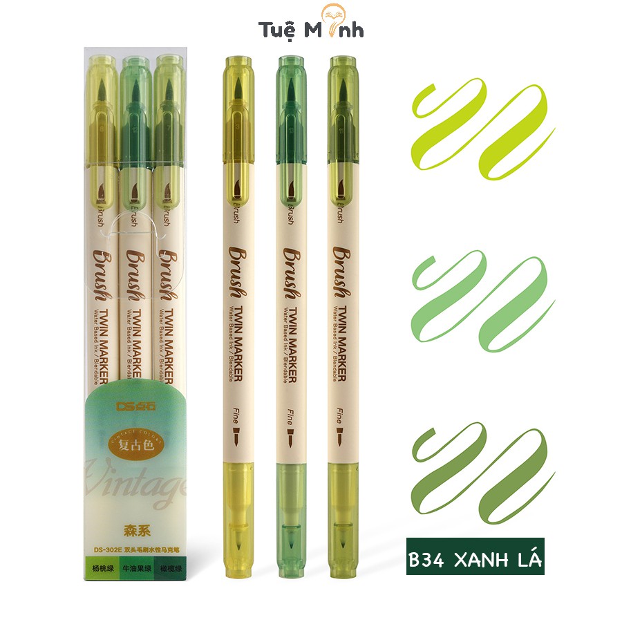 Bộ 3 bút brush 2 đầu Twin Marker B34 ngòi lông + ngòi fine viết ghi chép đa năng
