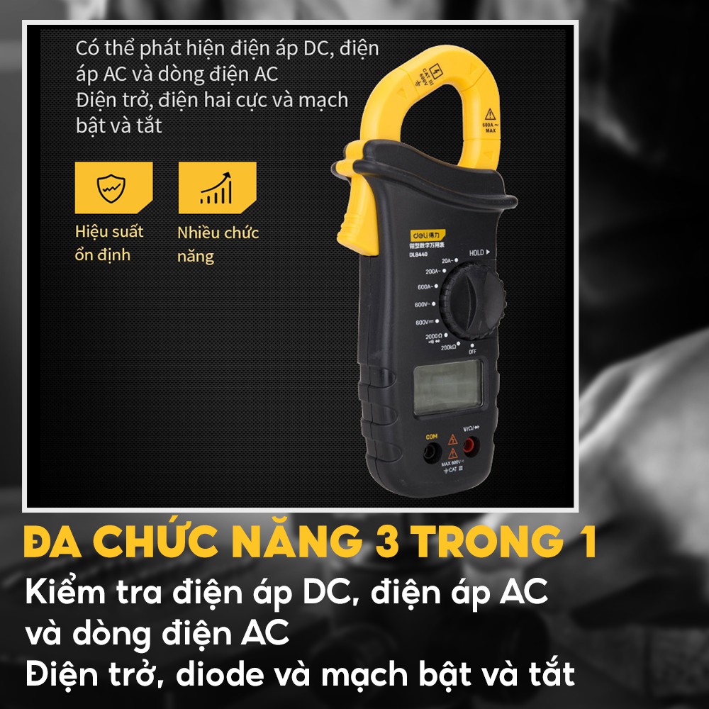 Ampe Kìm Đồng Hồ Vạn Năng Đo Tụ Tần Số, Nhiệt Độ, Dòng Điện Deli DL8440 - Bảo Hành 12 Tháng - Chính Hãng Nhập Khẩu