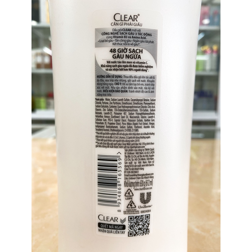 Dầu Gội Clear Sạch Gàu Ngứa Và Vi Khuẩn Suốt 48H Nước Táo Lên Men và Vitamin C 630G Chính Hãng Công Ty