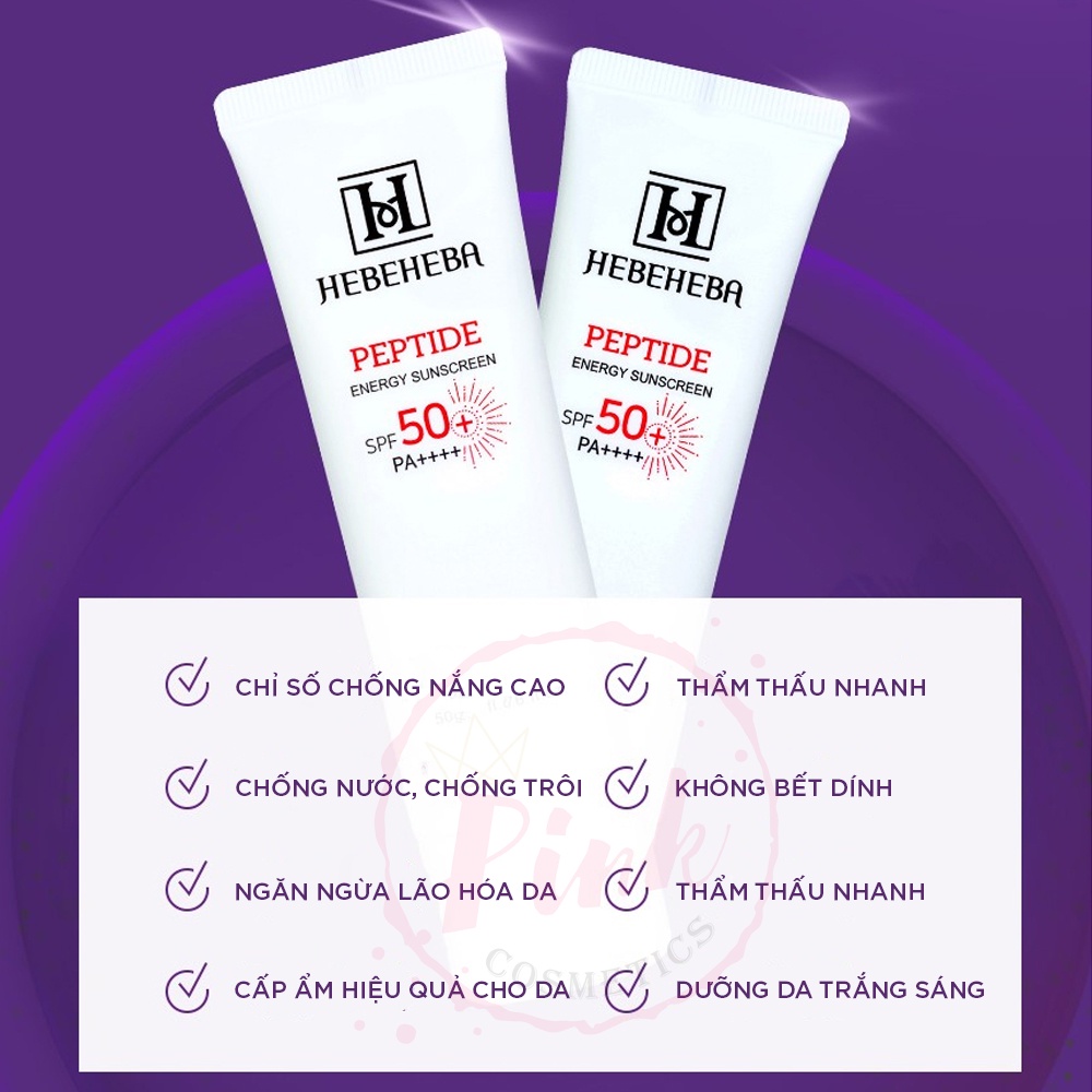 Kem chống nắng nâng tone da HEBEHEBA Peptide Energy Sun Cream, Dưỡng trắng, chống nước, không bết dính, SPF 50+