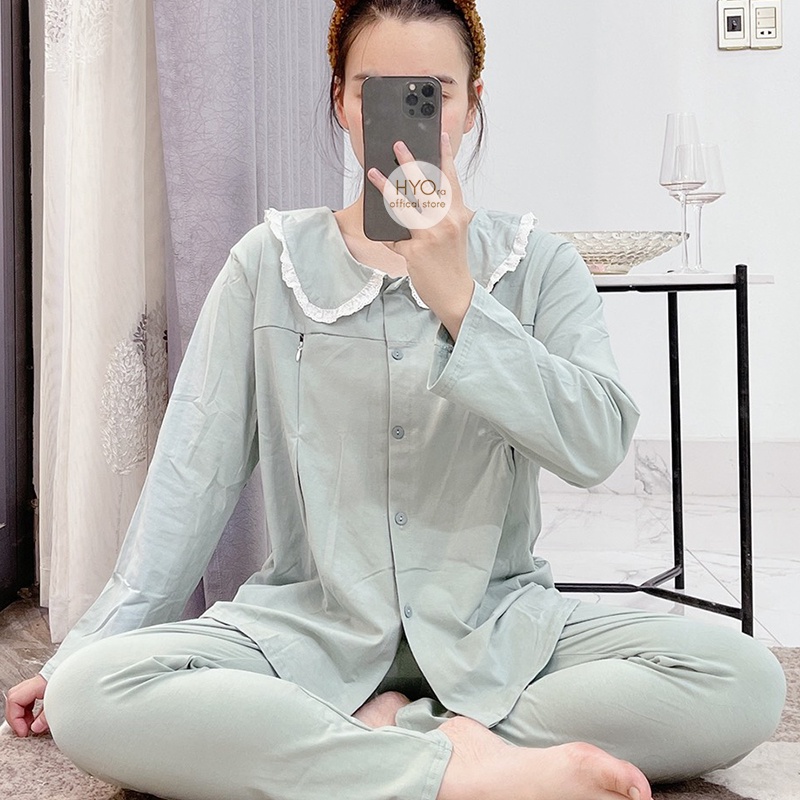 Bộ bầu sau sinh ren cổ mặc nhà Thu Đông có khóa giọt lệ cao cấp